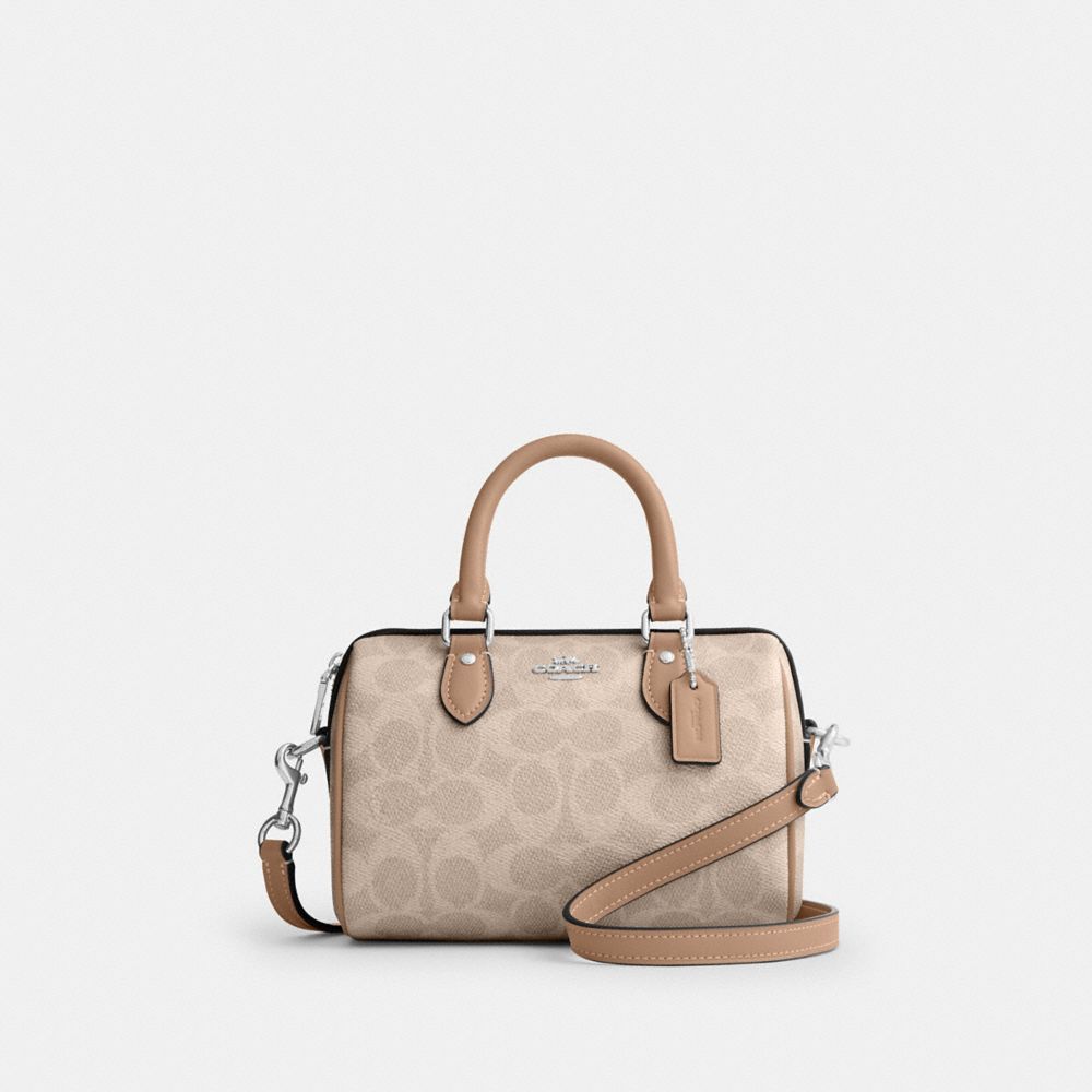 COACH®,Mini Sac Bandoulière Rowan En Toile Signature,signature_canvas,Petite,Argenté/Sable taupe,Front View