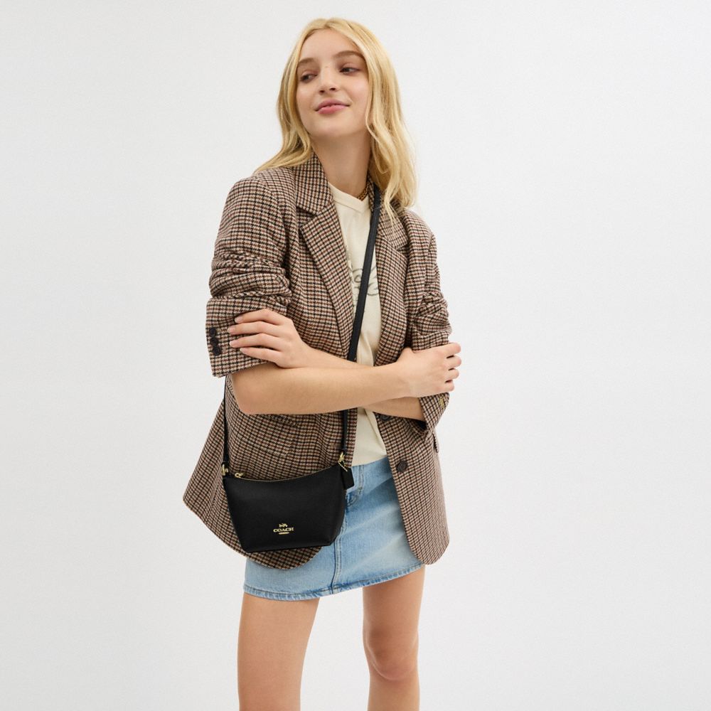 COACH®,Zip Top Crossbody Bag,Leather,Crossbody,Metal,Embossed,Logo,Adjustable,Casual,Black,Detail View