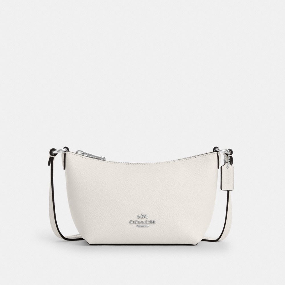 COACH®,Zip Top Crossbody Bag,Leather,Crossbody,Metal,Embossed,Logo,Adjustable,Casual,White,Front View