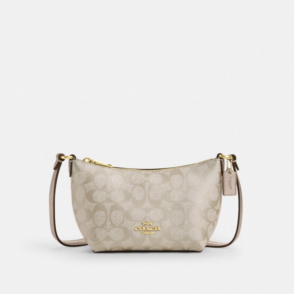 COACH®,Zip Top Crossbody Bag In Signature Canvas,Leather,Canvas,Crossbody,Adjustable,Day Party,Gray,Front View