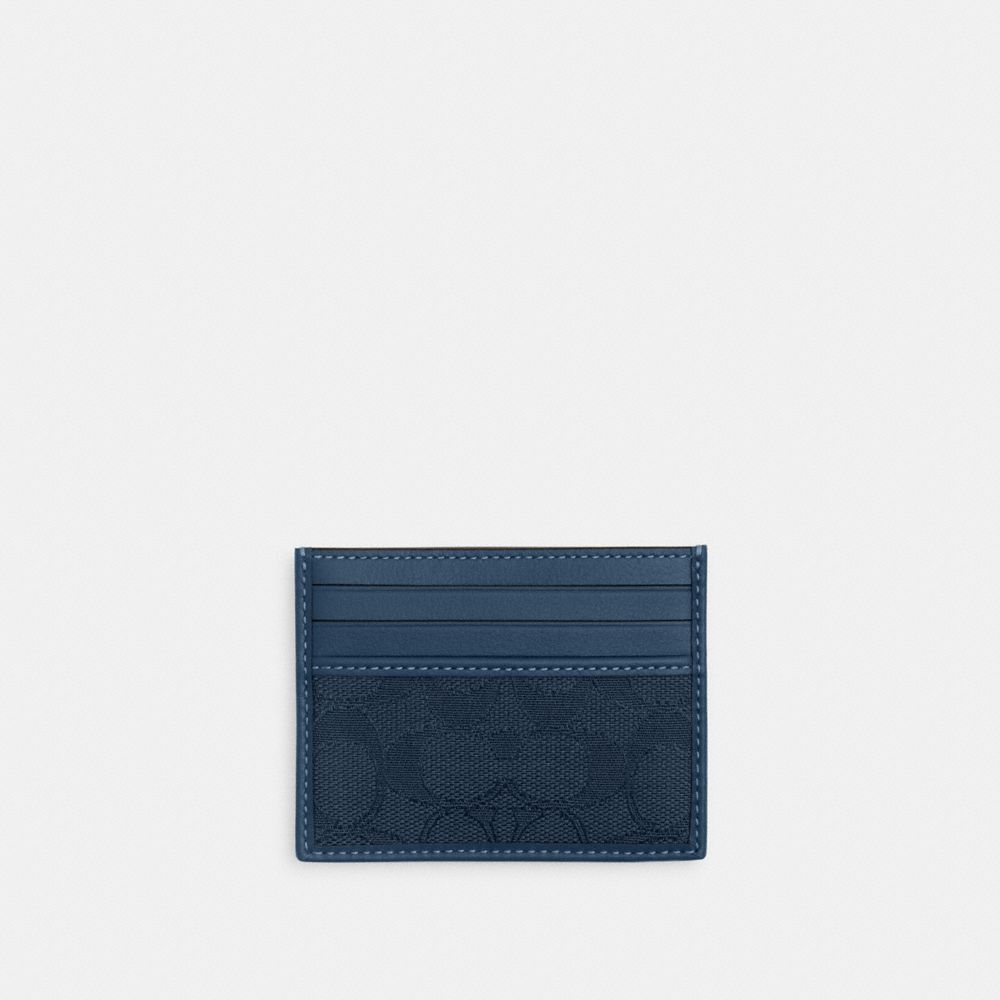 COACH®,Slim Id Card Case In Signature Jacquard,Navy,Front View image number 0