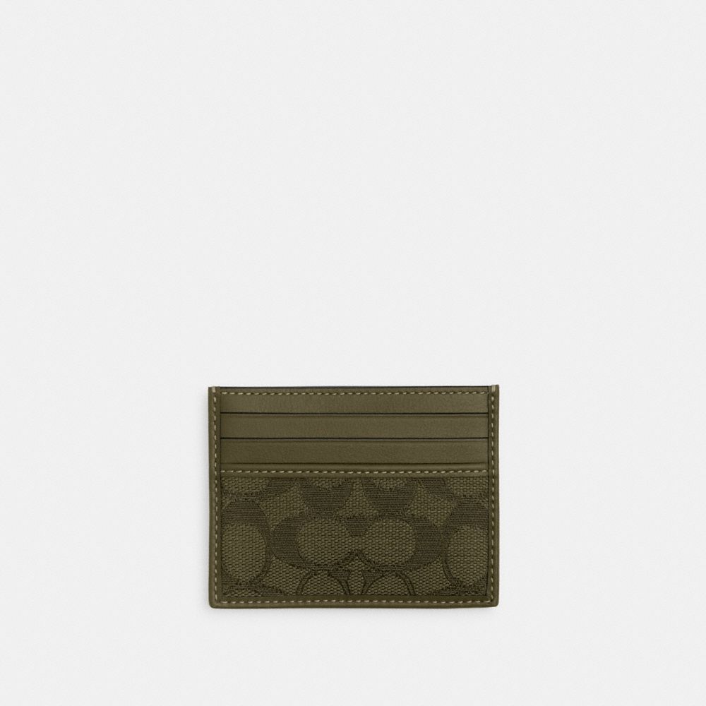 COACH®,PORTE-CARTES AVEC FENÊTRE POUR CARTE D’IDENTITÉ PLAT EN JACQUARD EXCLUSIF,Faux cuir,Olive terne/Olive terne,Front View