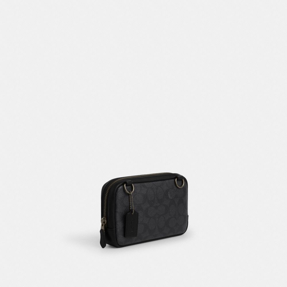 COACH®,Carrier Phone Crossbody In Signature Canvas,Calfskin Leather,Canvas,Crossbody,Casual,Black,Angle View