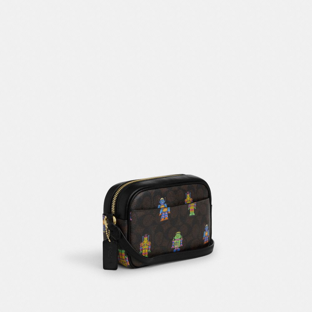 COACH®,Cosmic Coach Mini Jamie Camera Bag In Signature Canvas With Robot Print,Canvas,Leather,Camera Bag,Color Block,Graph...,Black,Angle View