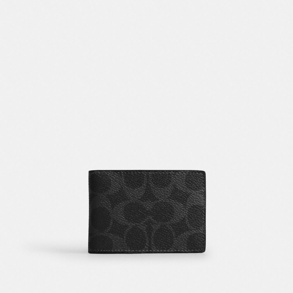 COACH®,Compact Billfold Wallet In Signature Canvas,Bi Fold,Card Case,Coin,Casual,Black,Front View