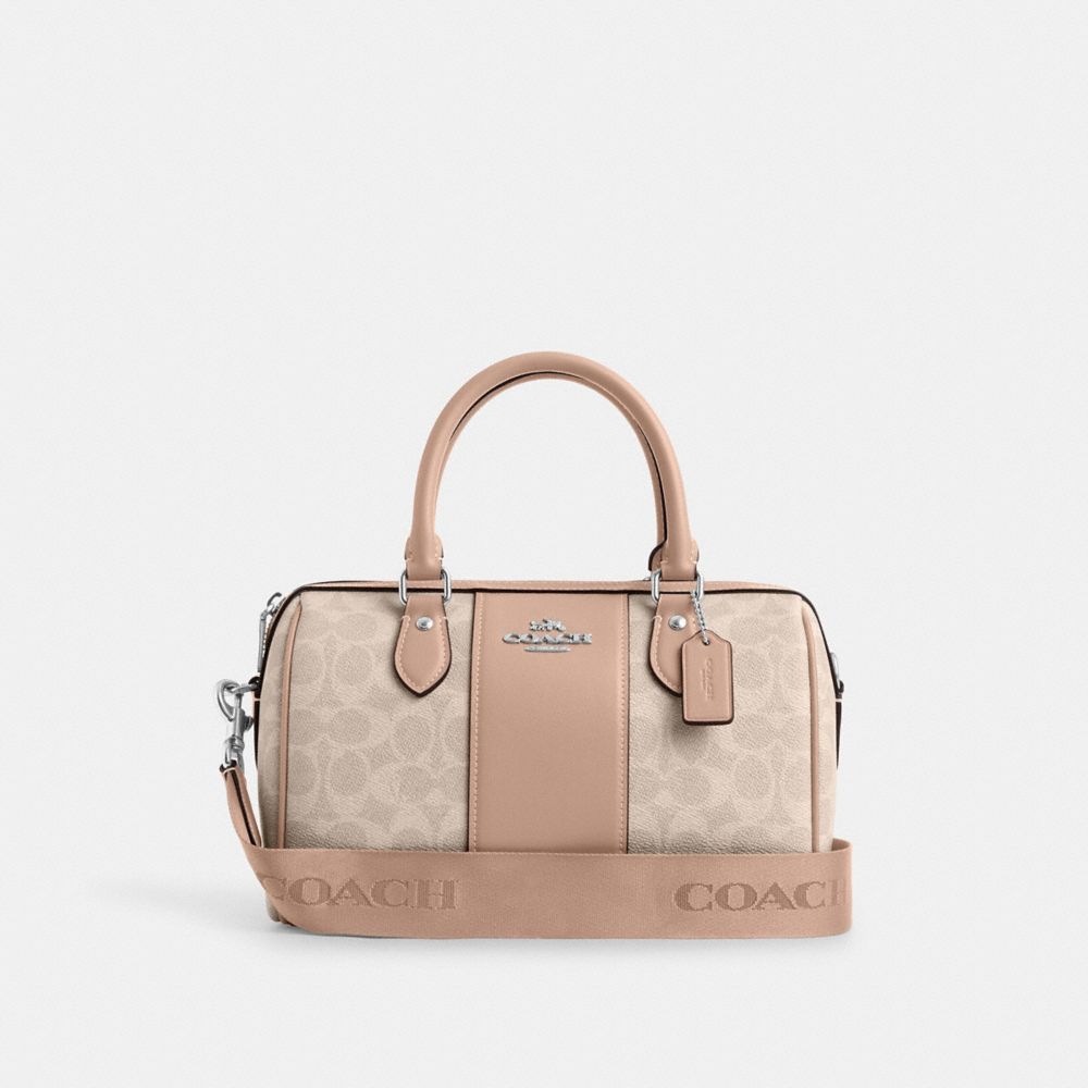 COACH®,Rowan Satchel Bag In Signature Canvas,Satchel,Color Block,Casual,Work,Beige,Front View