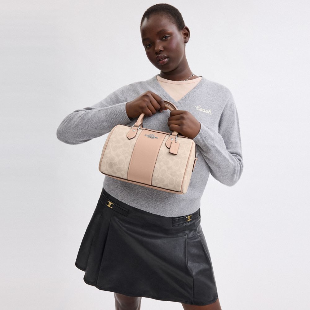 COACH®,Rowan Satchel Bag In Signature Canvas,Satchel,Color Block,Casual,Work,Beige,Detail View