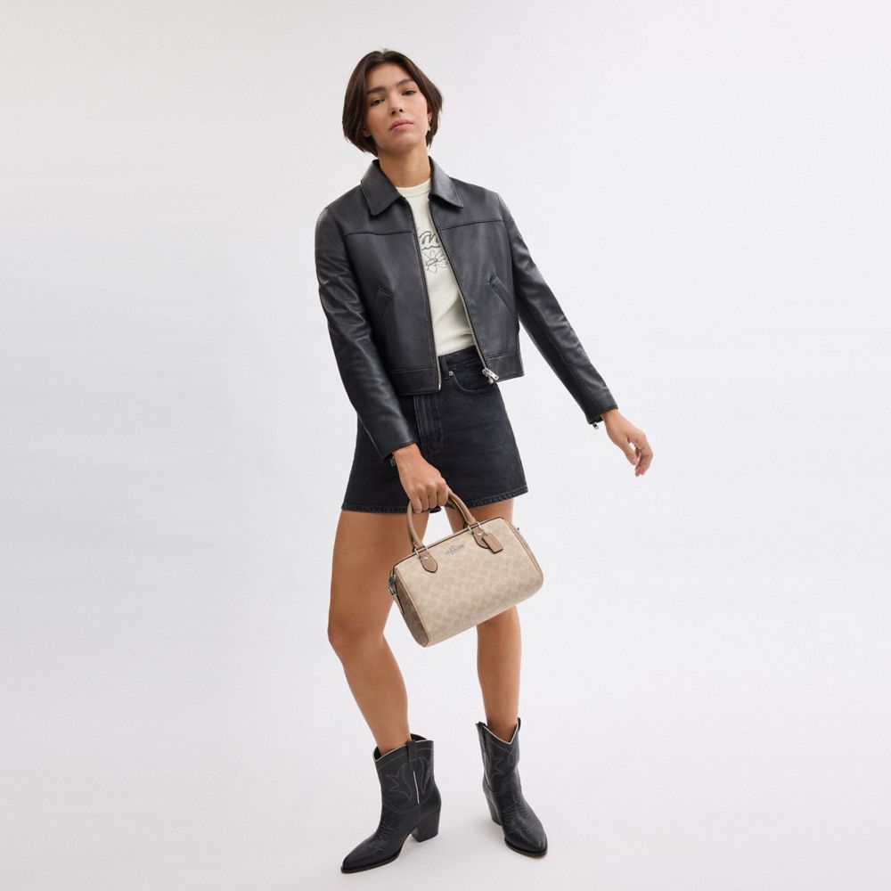 COACH®,Rowan Satchel Bag In Blocked Signature Canvas,Canvas,Barrel Bag,Casual,Work,Beige,Detail View