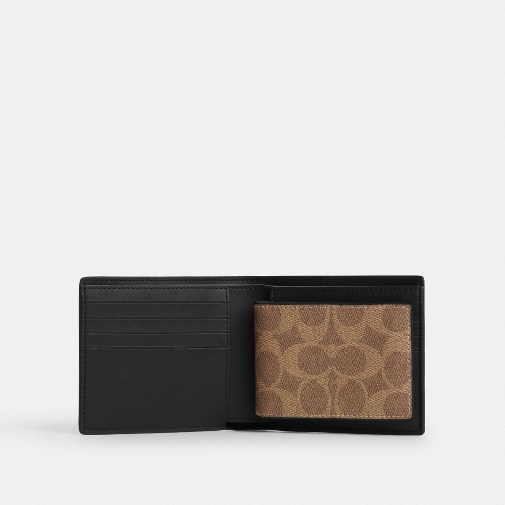 COACH®,3-In-1 Wallet In Signature Canvas,Canvas,Bi Fold,Card Case,Casual,Brown,Inside View,Top View
