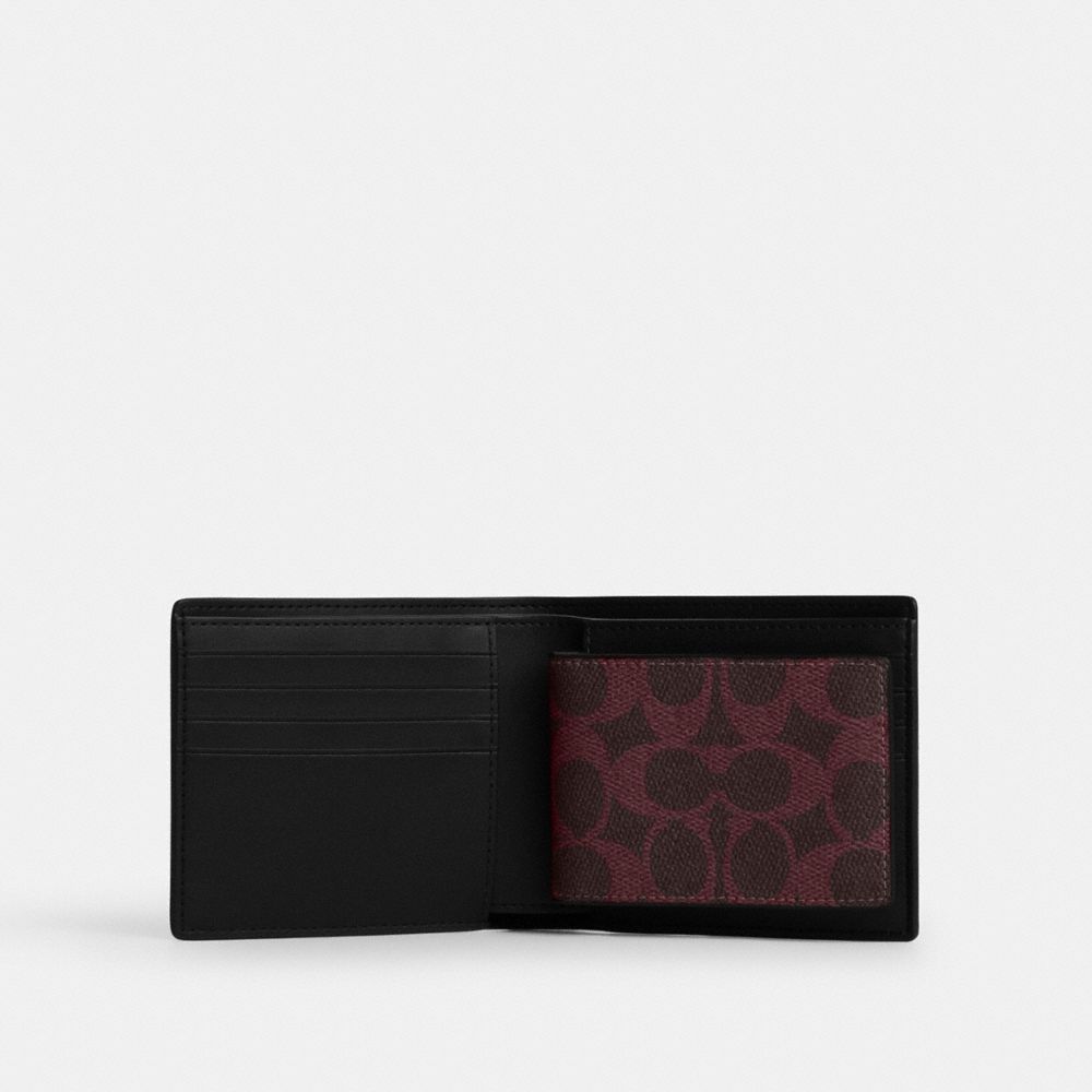 COACH®,3-In-1 Wallet In Signature Canvas,Canvas,Bi Fold,Card Case,Casual,Maroon,Inside View,Top View