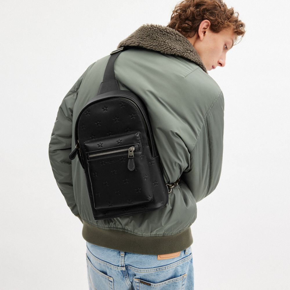 COACH®,West Pack With Star Print,Calfskin Leather,Slingback,Logo,Adjustable,Casual,Black,Detail View