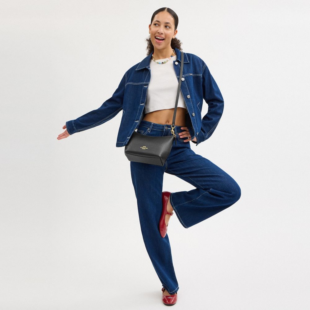 COACH®,Zip Top Shoulder Bag,Leather,Canvas,Shoulder Bag,Logo,Metal,Casual,Black,Detail View
