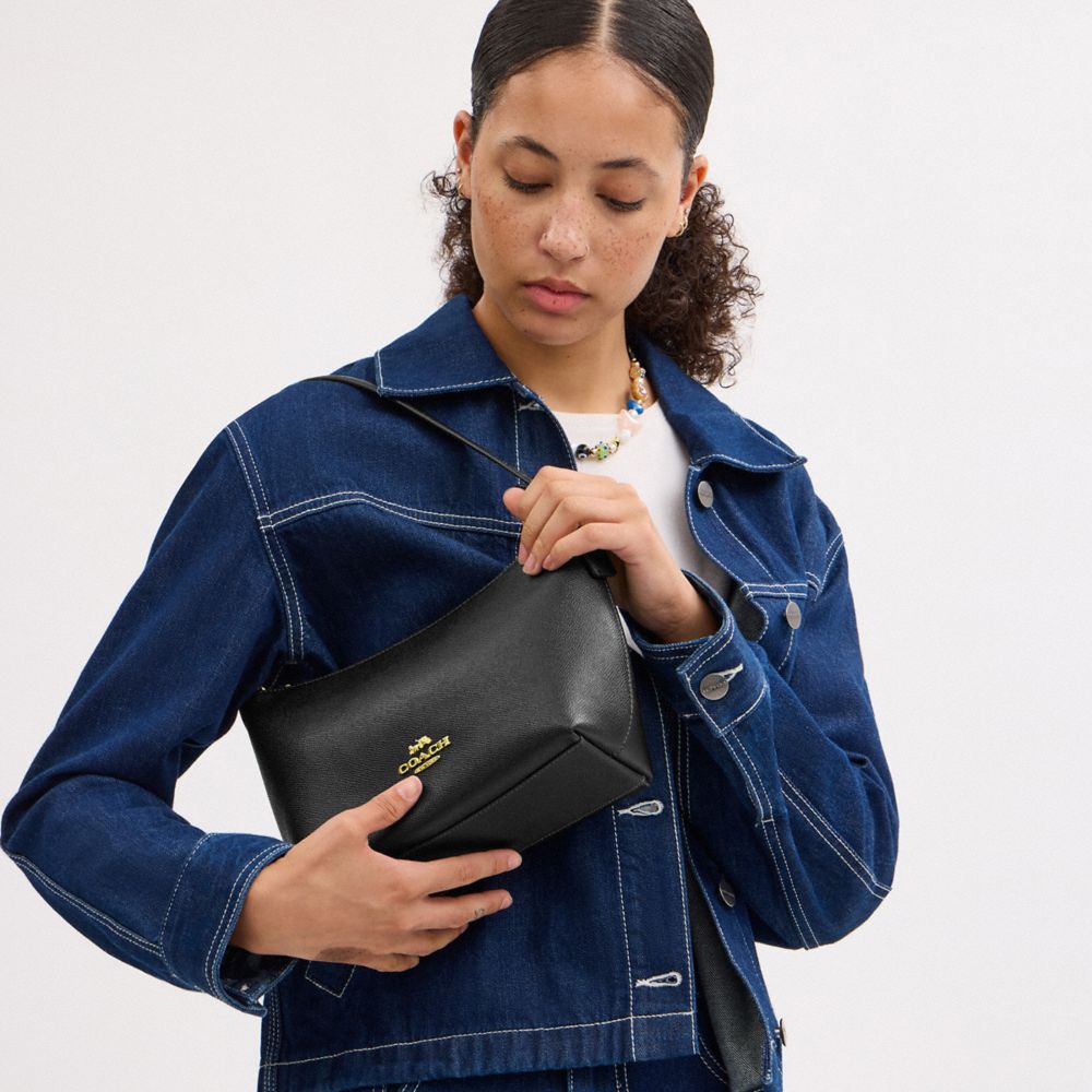 COACH®,Zip Top Shoulder Bag,Leather,Canvas,Shoulder Bag,Logo,Metal,Casual,Black,Detail View