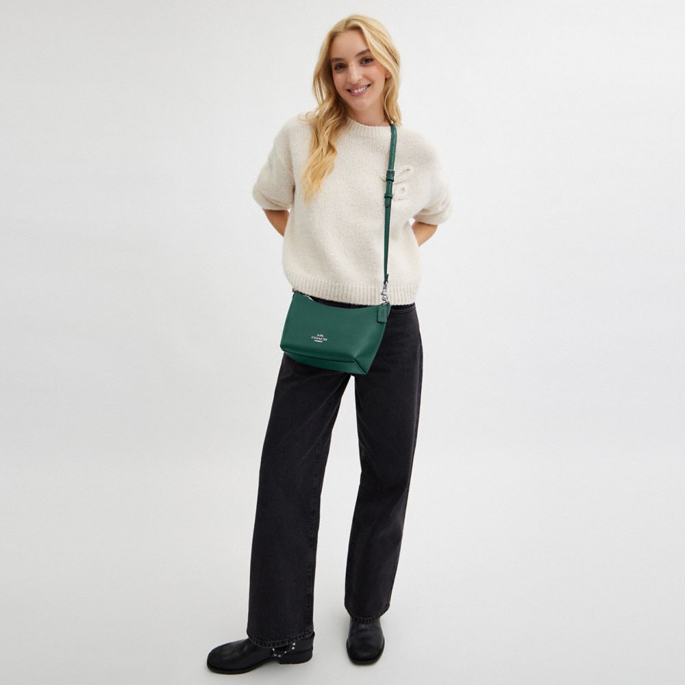 COACH®,Zip Top Shoulder Bag,Leather,Canvas,Shoulder Bag,Logo,Metal,Casual,Emerald,Detail View