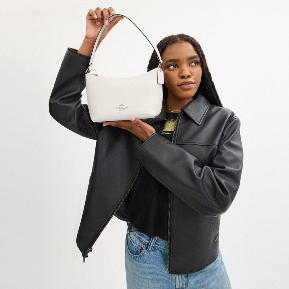 COACH®,Zip Top Shoulder Bag,Leather,Canvas,Shoulder Bag,Logo,Metal,Casual,White,Detail View