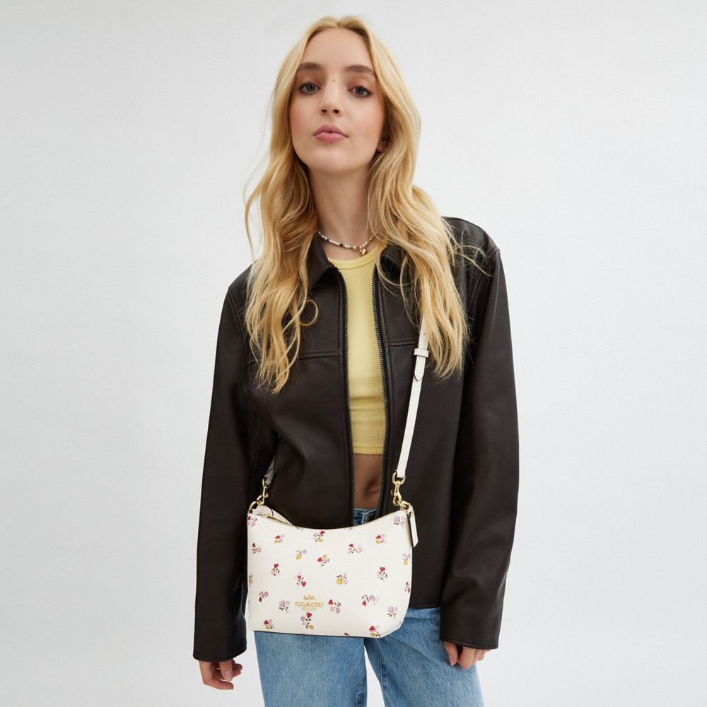 COACH®,Zip Top Shoulder Bag With Heart Print,Canvas,Leather,Shoulder Bag,Embossed,Metal,Logo,Casual,White,Detail View