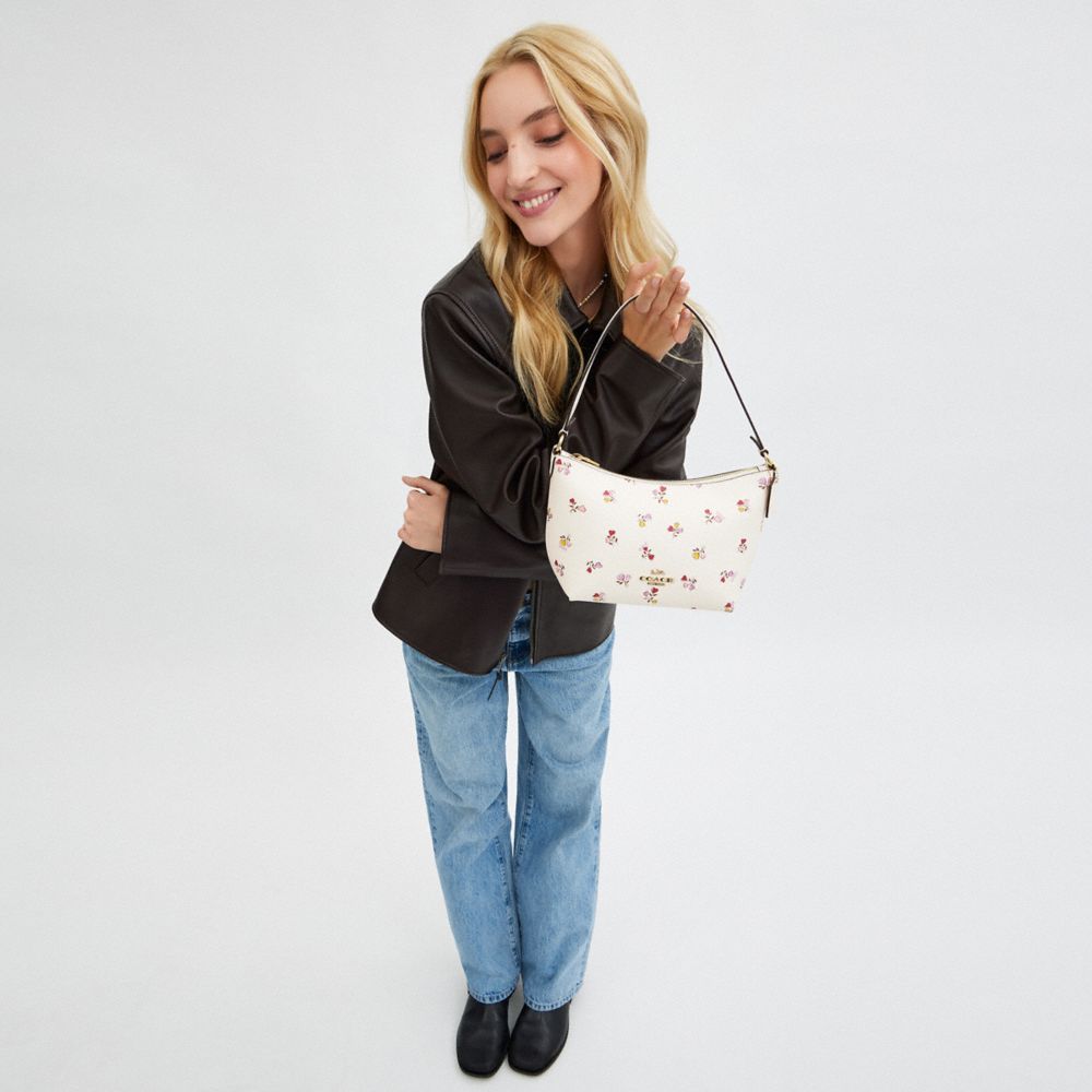 COACH®,Zip Top Shoulder Bag With Heart Print,Canvas,Leather,Shoulder Bag,Embossed,Metal,Logo,Casual,White,Detail View