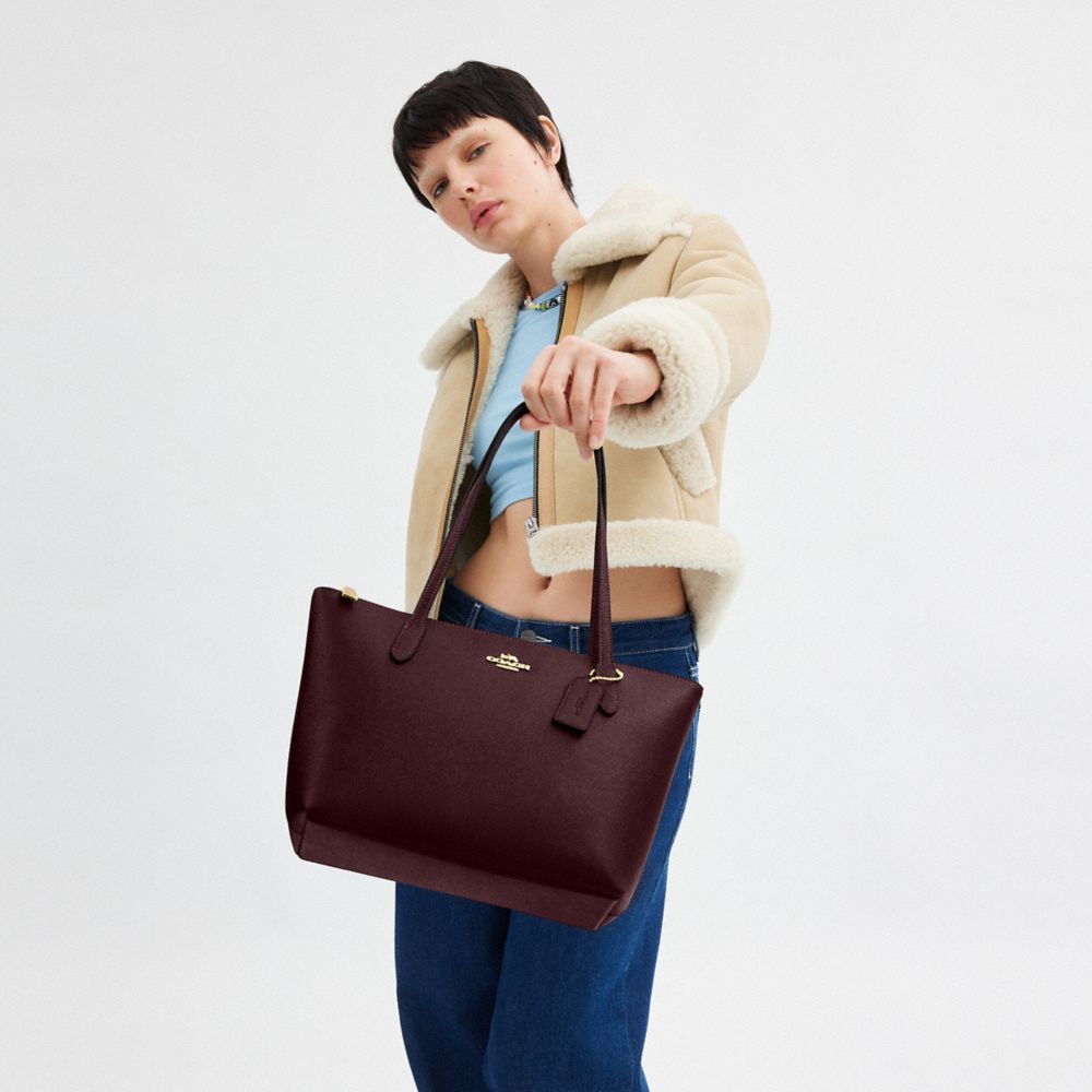 COACH®,Fiona Zip Tote Bag,Leather,Tote,Embossed,Logo,Metal,Casual,Maroon,Detail View