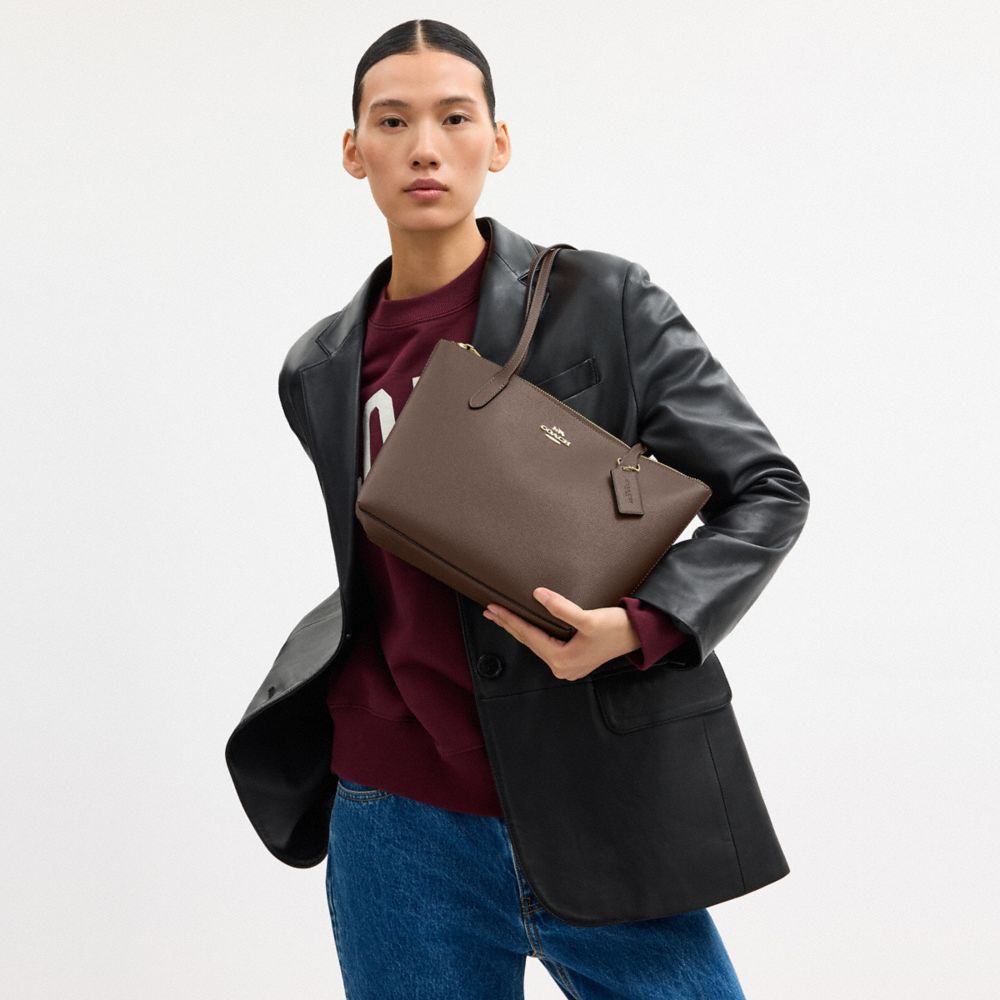 COACH®,Fiona Zip Tote Bag,Leather,Tote,Logo,Embossed,Metal,Casual,Brown,Detail View