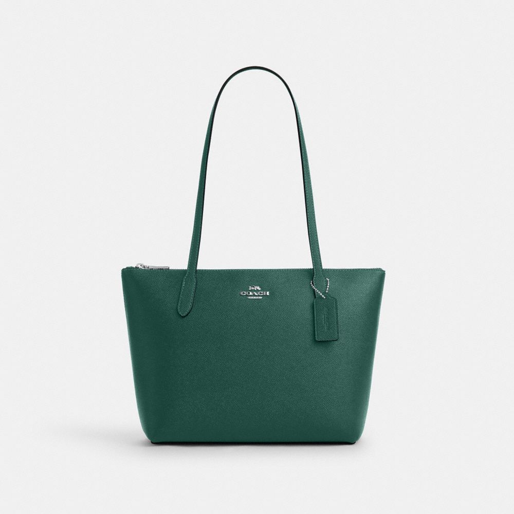 COACH®,Fiona Zip Tote Bag,Leather,Tote,Embossed,Logo,Metal,Casual,Emerald,Front View