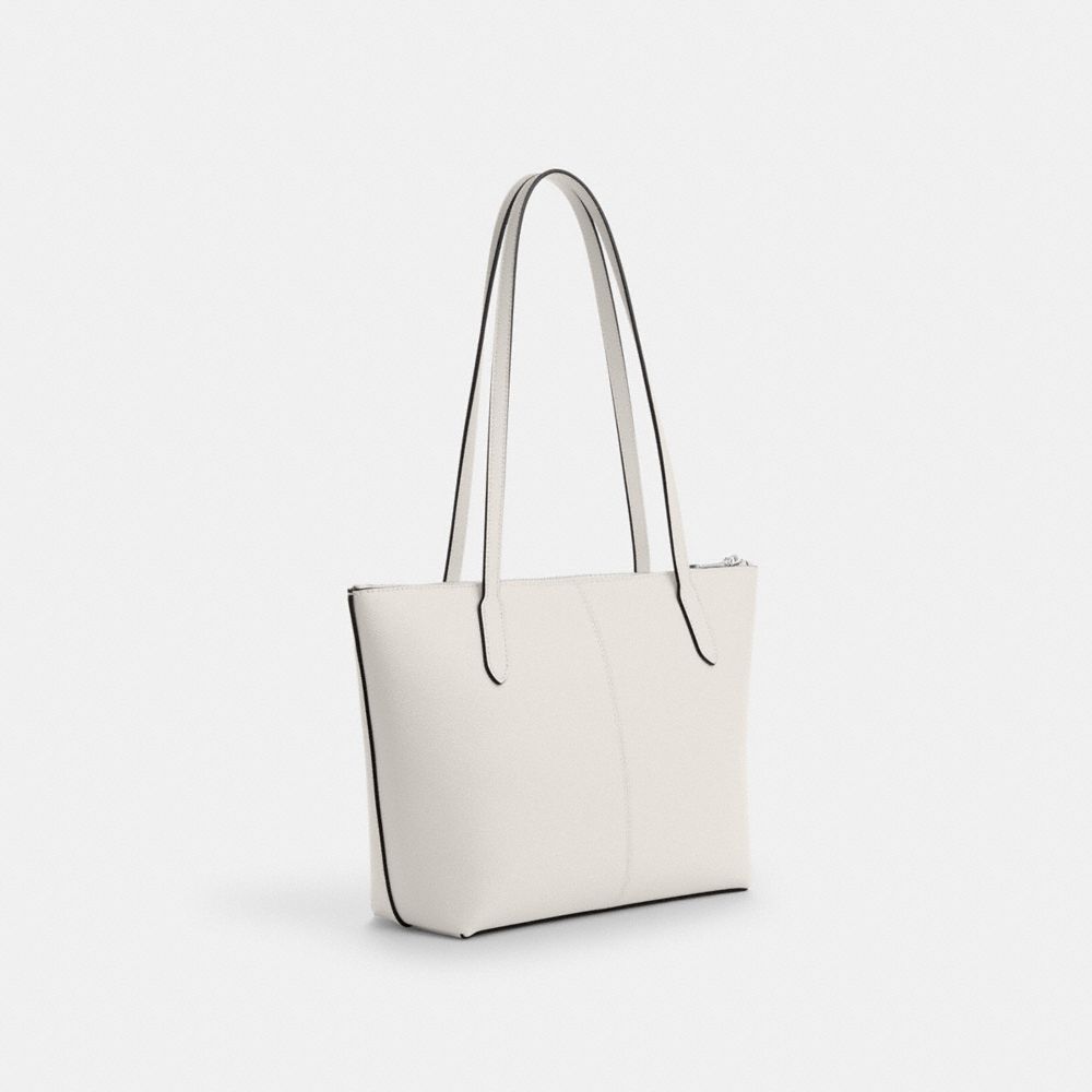 COACH®,Fiona Zip Tote Bag,Leather,Tote,Embossed,Logo,Metal,Casual,White,Angle View