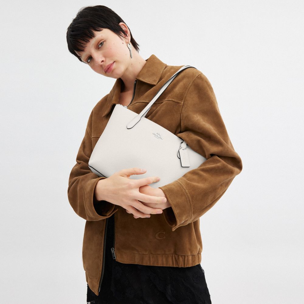 COACH®,Fiona Zip Tote Bag,Leather,Tote,Embossed,Logo,Metal,Casual,White,Detail View