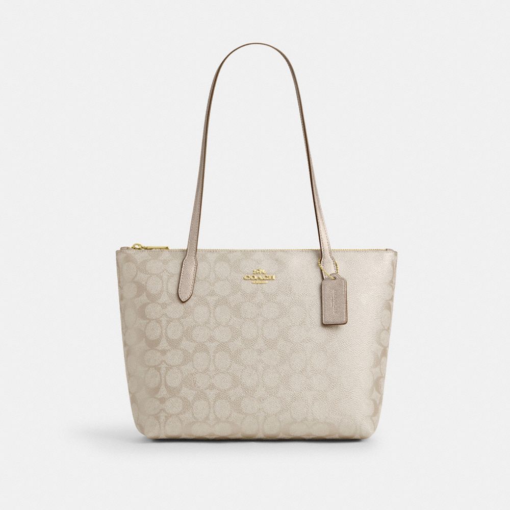 COACH®,Fiona Zip Tote Bag In Signature Canvas,Canvas,Leather,Tote,Casual,Cream,Front View