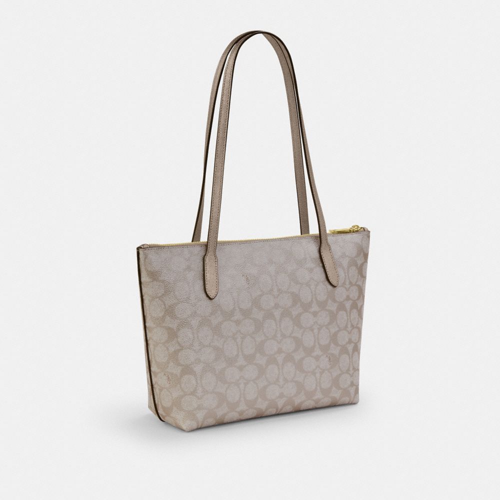 COACH®,Fiona Zip Tote Bag In Signature Canvas,Canvas,Leather,Tote,Casual,Cream,Angle View