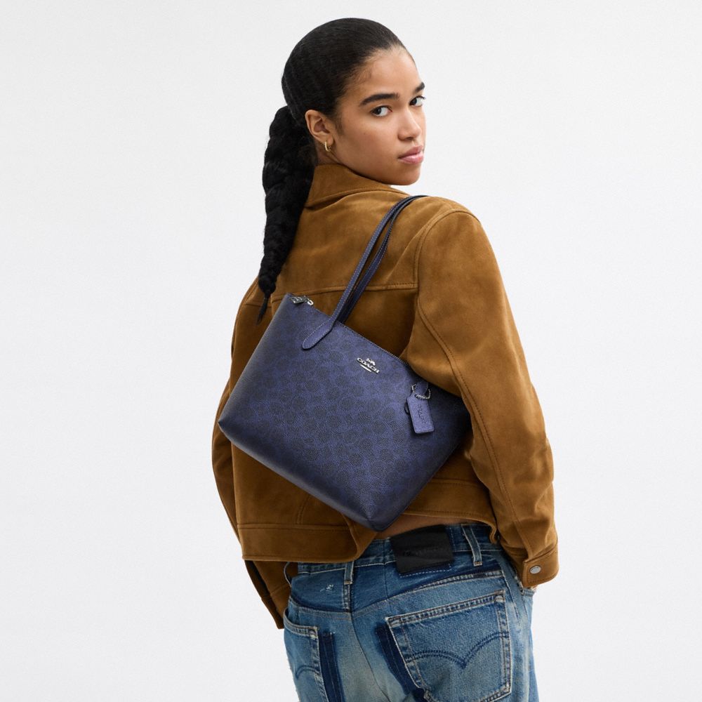 COACH®,Fiona Zip Tote Bag In Signature Canvas,Canvas,Leather,Tote,Casual,Navy,Detail View