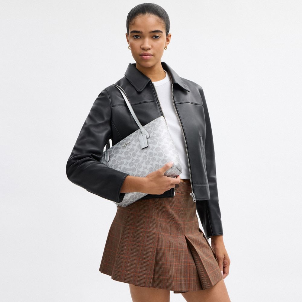 COACH®,Fiona Zip Tote Bag In Signature Canvas,Canvas,Leather,Tote,Casual,Gray,Detail View