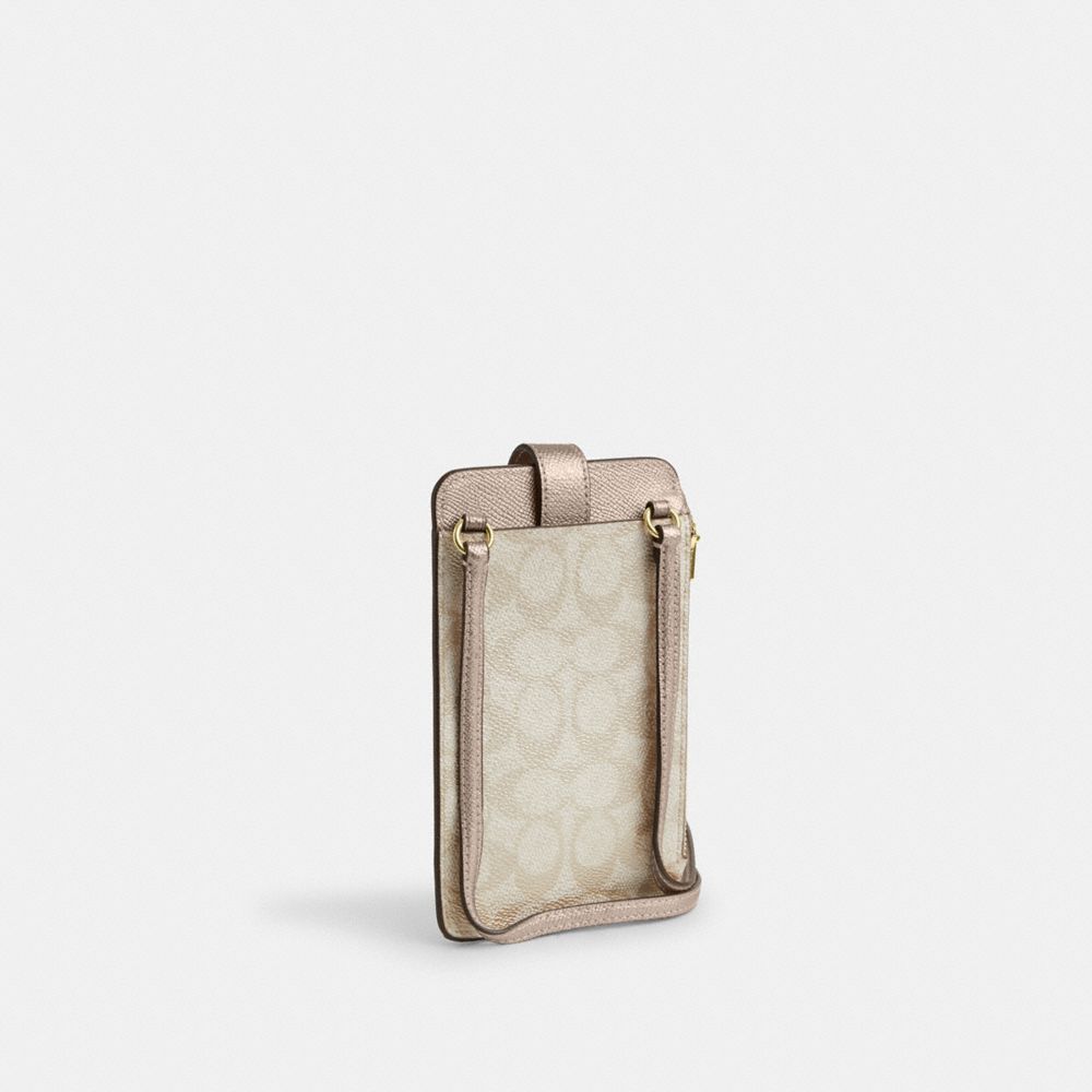 COACH®,Phone Crossbody Bag In Signature Canvas,Canvas,Leather,Mobile Bag,Adjustable,Casual,Beige,Angle View