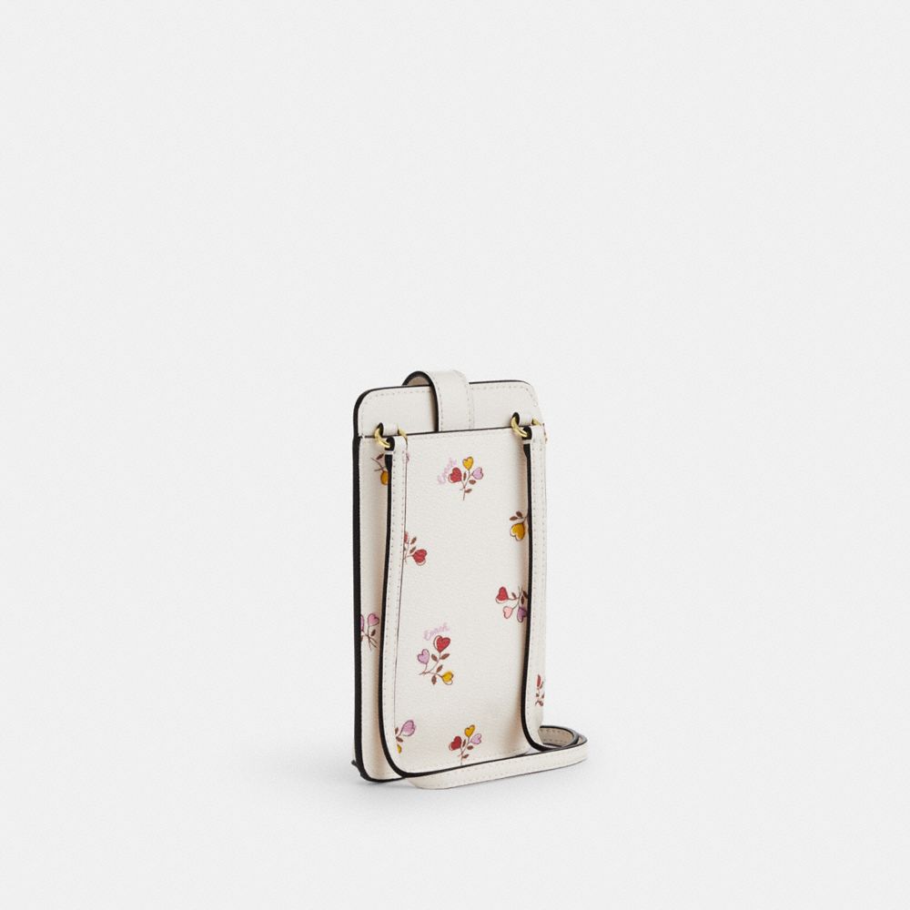 COACH®,Phone Crossbody Bag With Heart Print,Leather,Mobile Bag,Logo,Metal,Adjustable,Day Party,White,Angle View