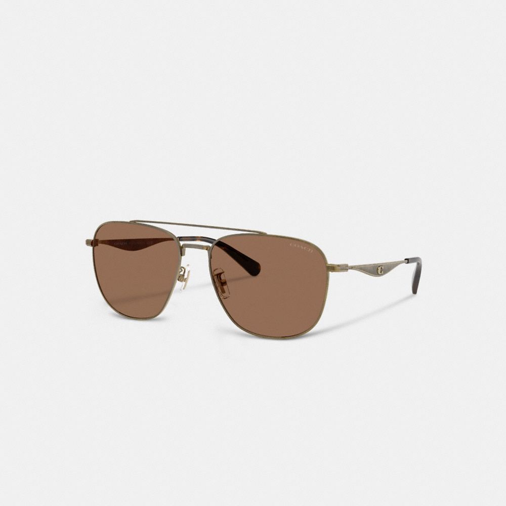 COACH®,C Hardware Metal Pilot Sunglasses,Aviator,Logo,Brow Bar,Adjustable Nose Pads,Integrated Nose Pads,Casual,Brown,Front View