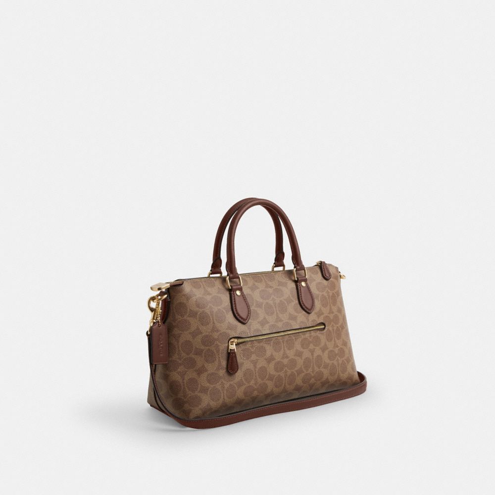COACH®,Georgia Satchel Bag In Signature Canvas,Satchel,Studded,Adjustable,Gold Metal,Casual,Work,Brown,Angle View