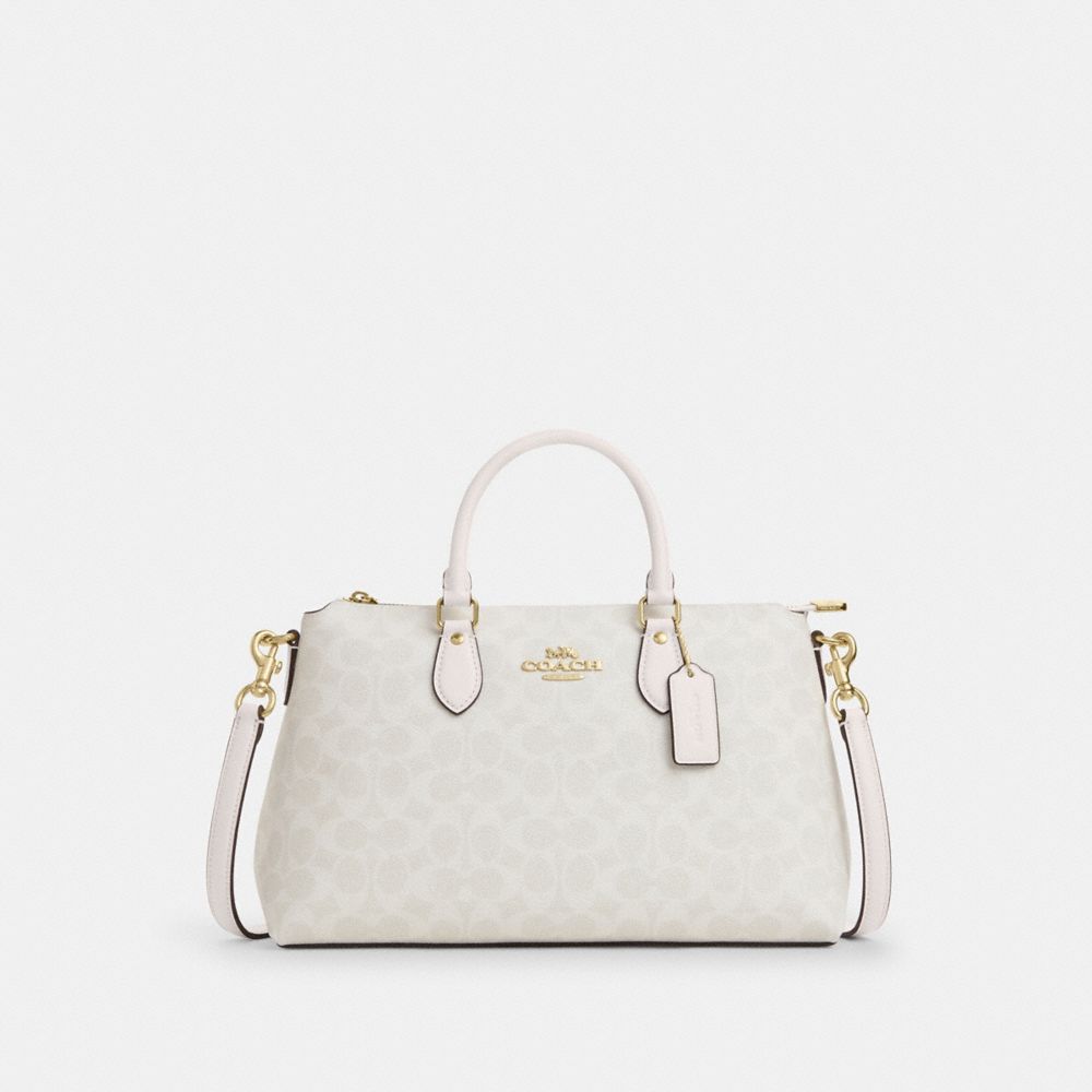 COACH®,SAC SATCHEL GEORGIA EN TOILE SIGNATURE,Toile exclusive,Or/Blanc/Craie,Front View