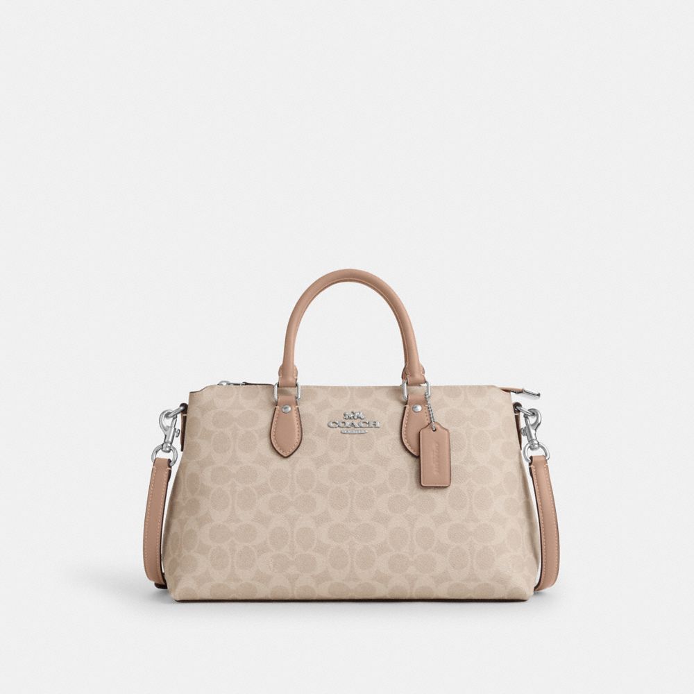 COACH®,SAC SATCHEL GEORGIA EN TOILE SIGNATURE,Toile exclusive,Argenté/Sable/Taupe,Front View