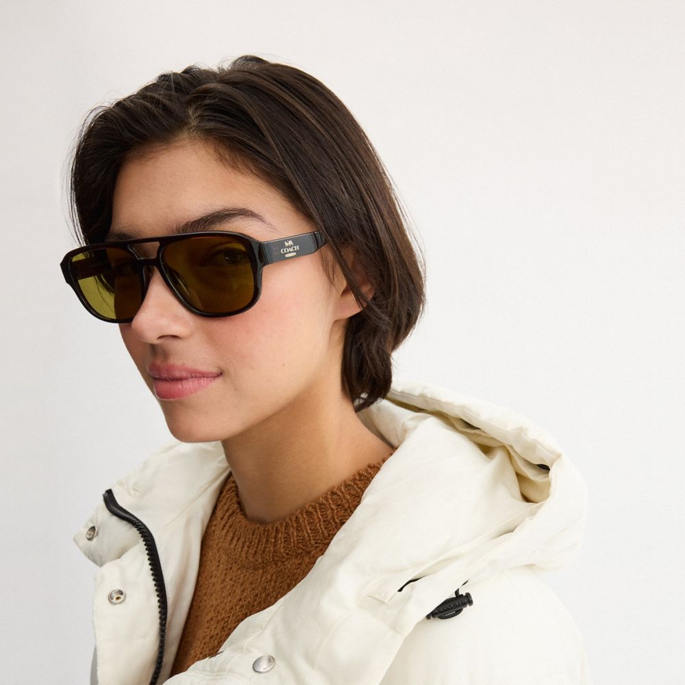 COACH®,Pilot Sunglasses,Brown,Angle View