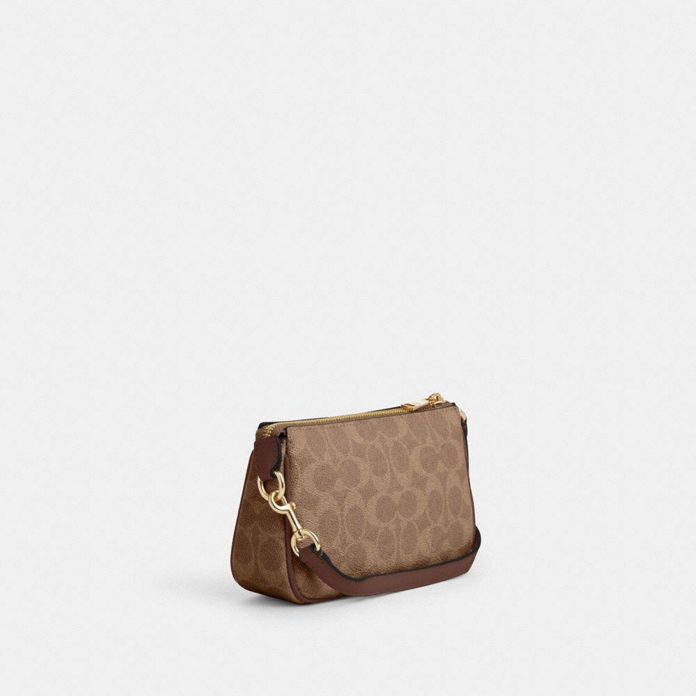 COACH®,Nolita 19 In Signature Canvas,Canvas,Shoulder Bag,Piping,Metal,Tag Embellishment,Logo,Casual,Brown,Angle View