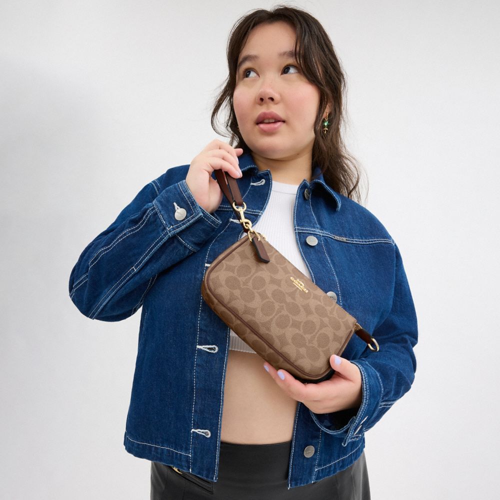 COACH®,Nolita 19 In Signature Canvas,Canvas,Shoulder Bag,Piping,Metal,Tag Embellishment,Logo,Casual,Brown,Detail View