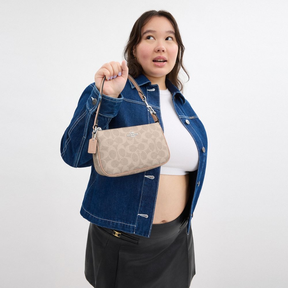COACH®,Nolita 19 In Signature Canvas,Canvas,Shoulder Bag,Piping,Metal,Tag Embellishment,Logo,Casual,Beige,Detail View