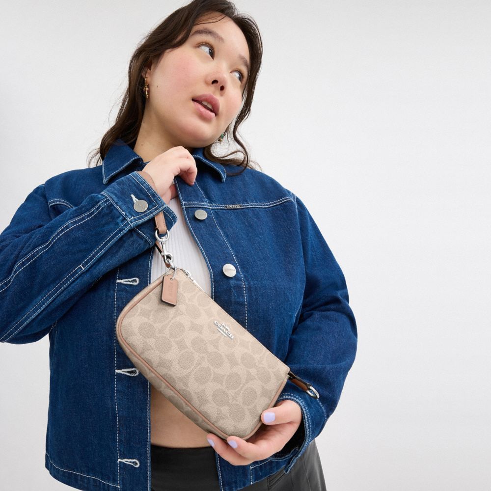 COACH®,Nolita 19 In Signature Canvas,Canvas,Shoulder Bag,Piping,Metal,Tag Embellishment,Logo,Casual,Beige,Detail View