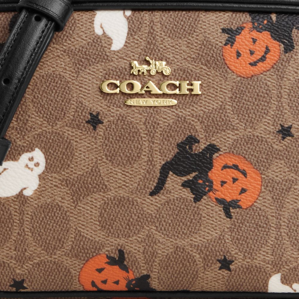 COACH®,Mini Jamie Camera Bag In Signature Canvas With Halloween Print,Canvas,Camera Bag,Color Block,Pen Holder,Adjustable,...,Brown