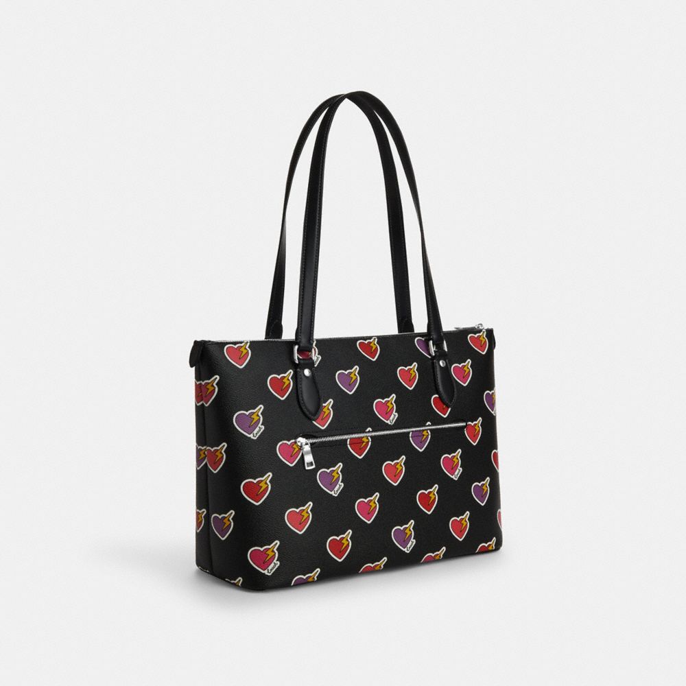 COACH®,Gallery Tote Bag With Heart Bolt Print,Tote,Logo,Metal,Casual,Black,Angle View