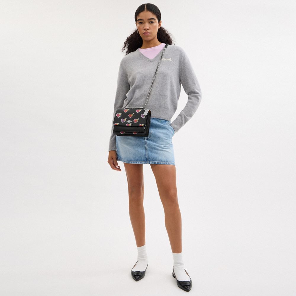 COACH®,Klare Crossbody Bag With Heart Bolt Print,Leather,Canvas,Crossbody,Logo,Metal,Adjustable,Casual,Black,Detail View