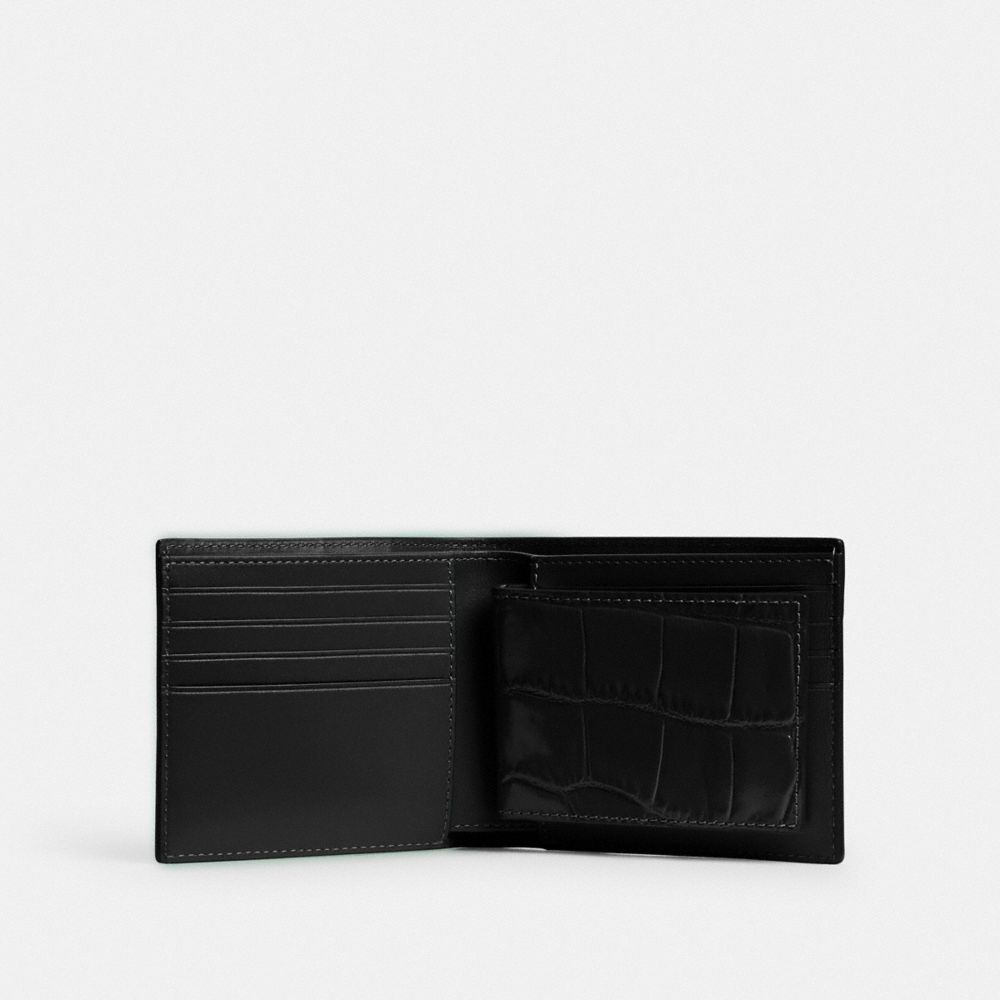 COACH®,3 In 1 Wallet,Calfskin Leather,Crocodile,Bi Fold,Metal,Logo,Black Metal,Casual,Black,Inside View,Top View