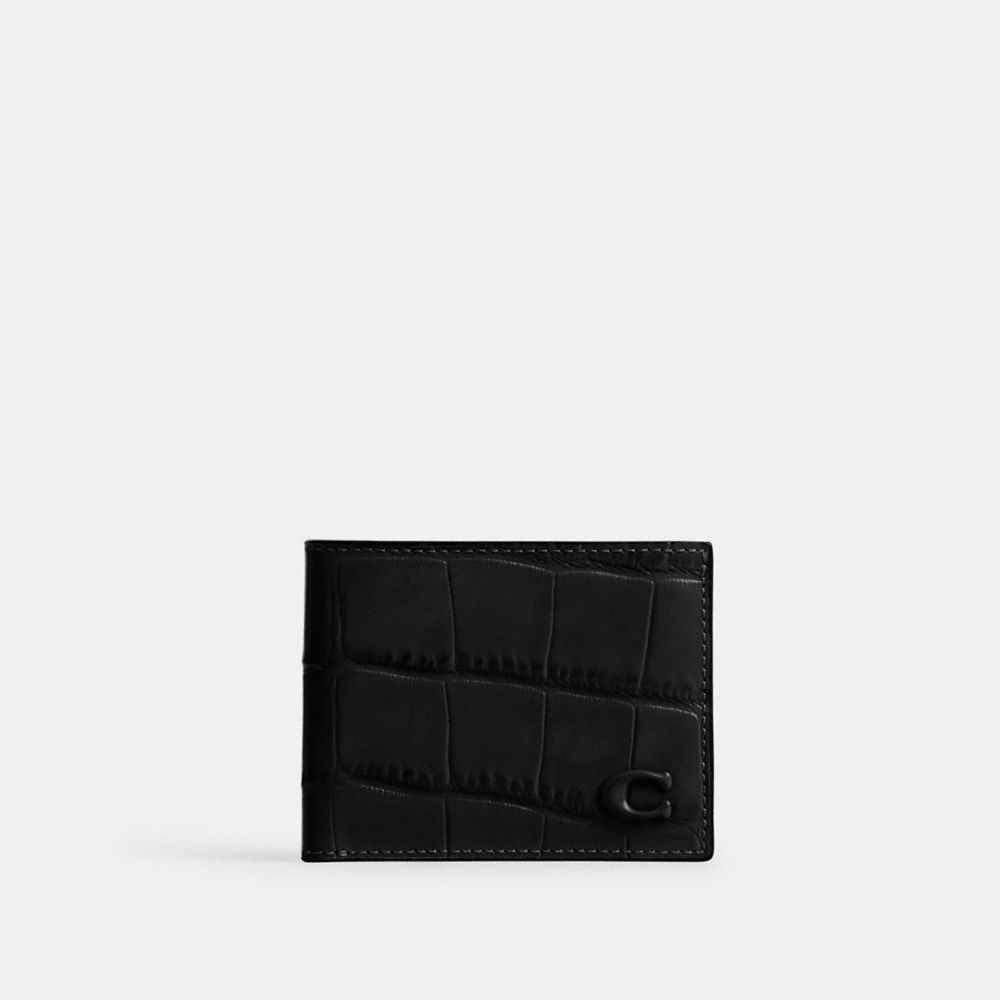 COACH®,Slim Billfold Wallet,Calfskin Leather,Bi Fold,Logo,Black Metal,Casual,Black,Front View