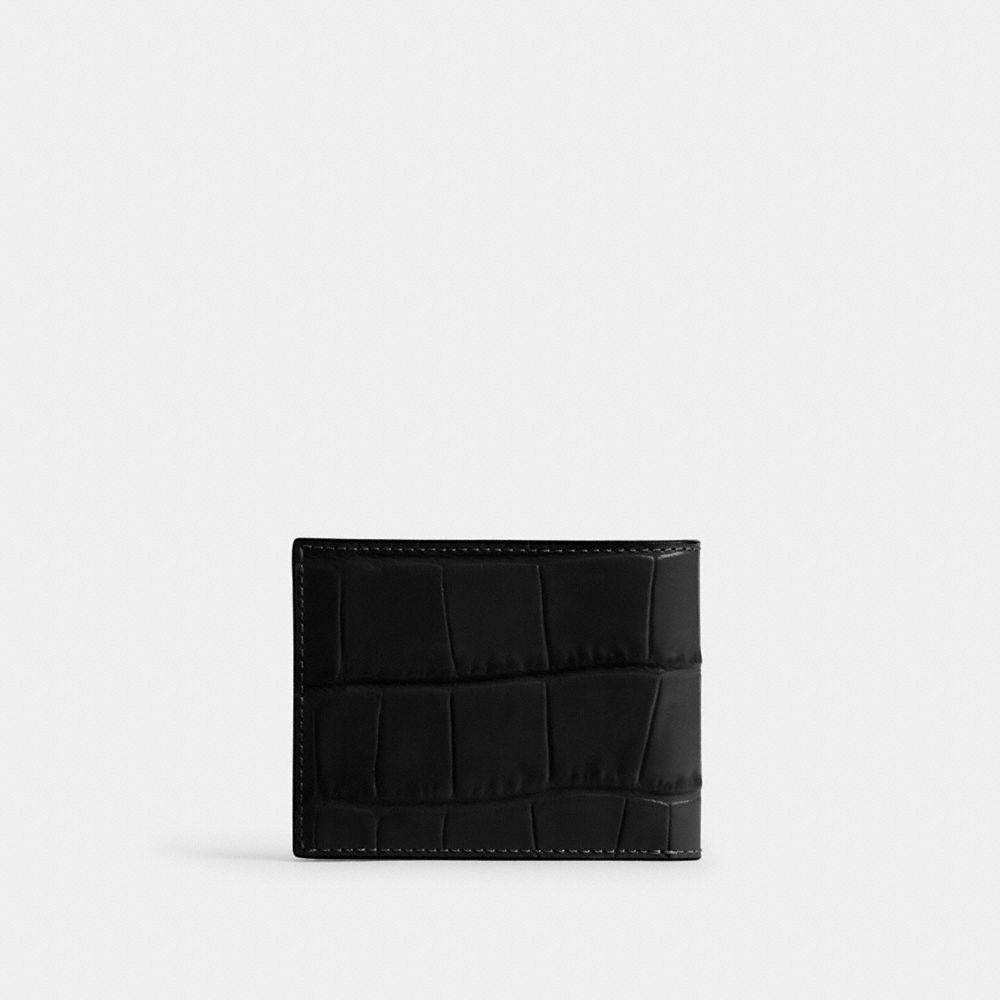 COACH®,Slim Billfold Wallet,Calfskin Leather,Bi Fold,Logo,Black Metal,Casual,Black,Back View