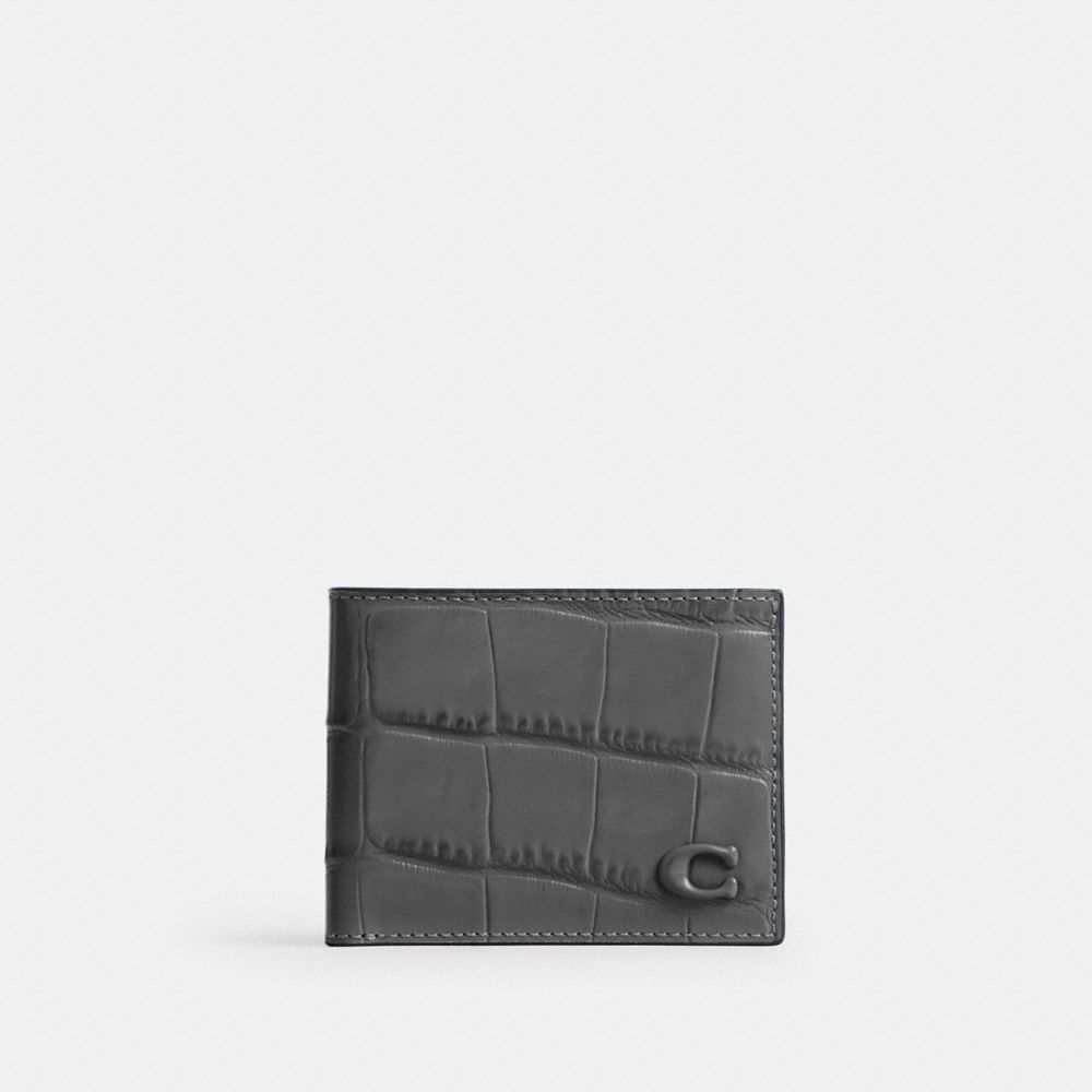 COACH®,Slim Billfold Wallet,Calfskin Leather,Bi Fold,Logo,Black Metal,Casual,Black,Front View