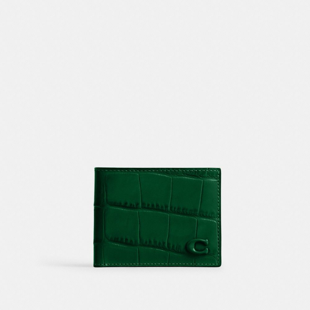 COACH®,Slim Billfold Wallet,Calfskin Leather,Bi Fold,Logo,Black Metal,Casual,Green,Front View