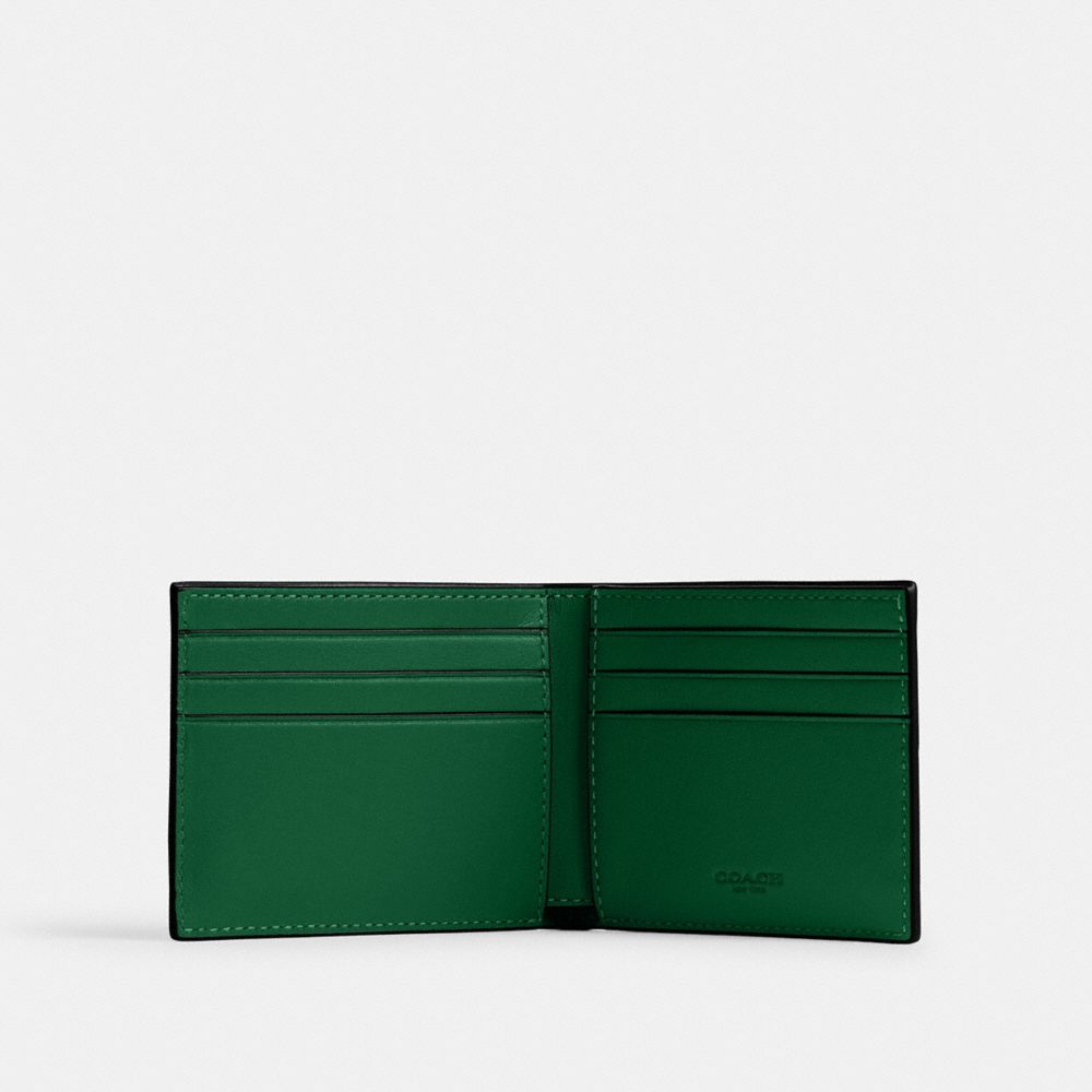 COACH®,Slim Billfold Wallet,Calfskin Leather,Bi Fold,Logo,Black Metal,Casual,Green,Inside View,Top View